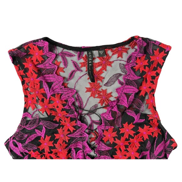 Guess Black Embroidered Mesh Sleeveless V-Neck Thong Bodysuit Top  XS  Lace-Up - Picture 3 of 7